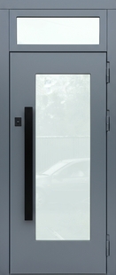 Металлическая термодверь с большим стеклом, фрамугой, длинной ручкой и серыми плитами МДФ RAL 9002