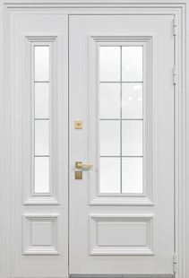 Входная остекленная термодверь с боковой вставкой, металлобагетом и белым полимерным окрашиванием
